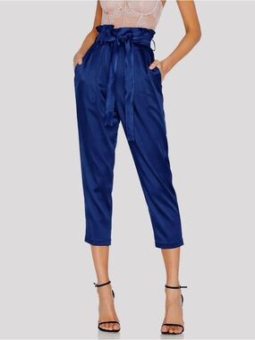 Amanda Uprichard Revolve Blue 100% silk Paperbag Trouser Pants Womens Sz Small